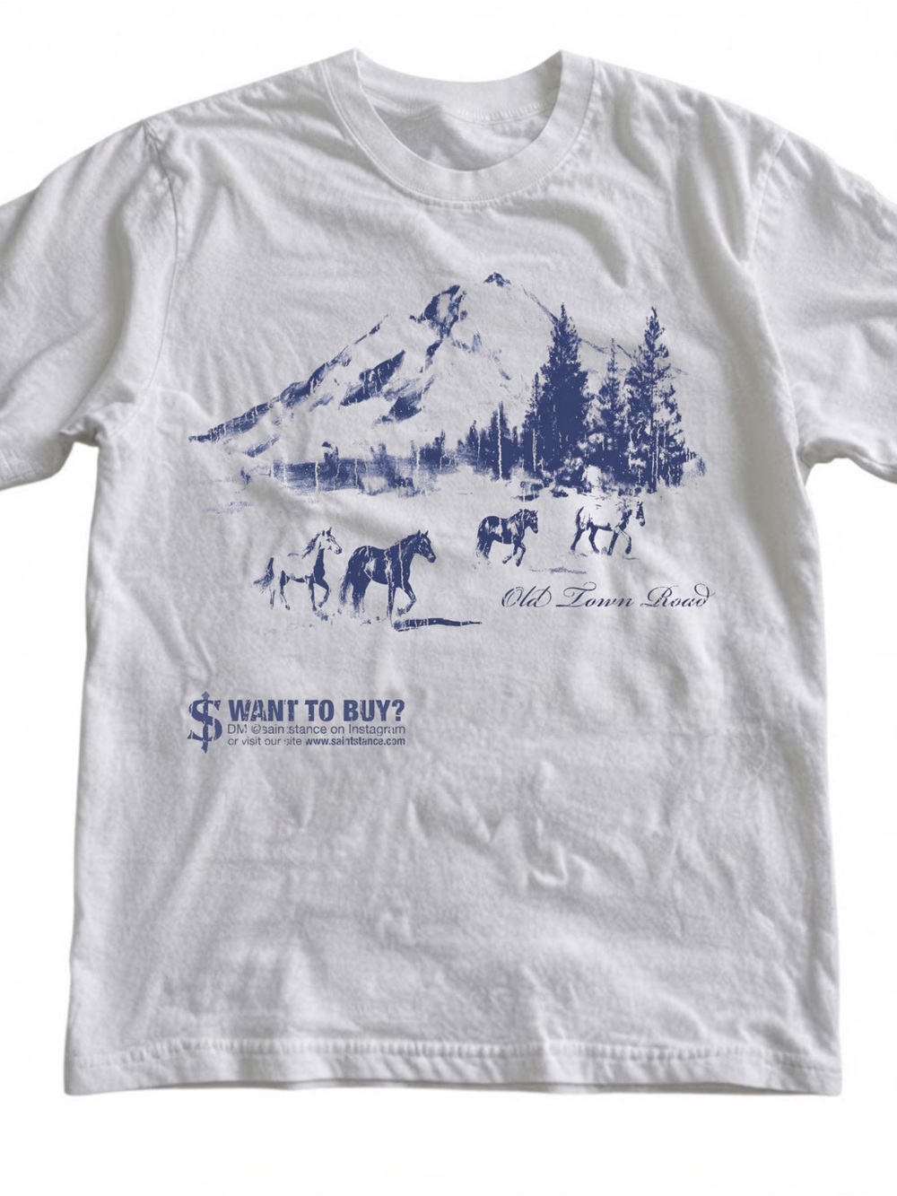 White Graphic Gildan T-shirt with Blue Mountain & Horses Print
